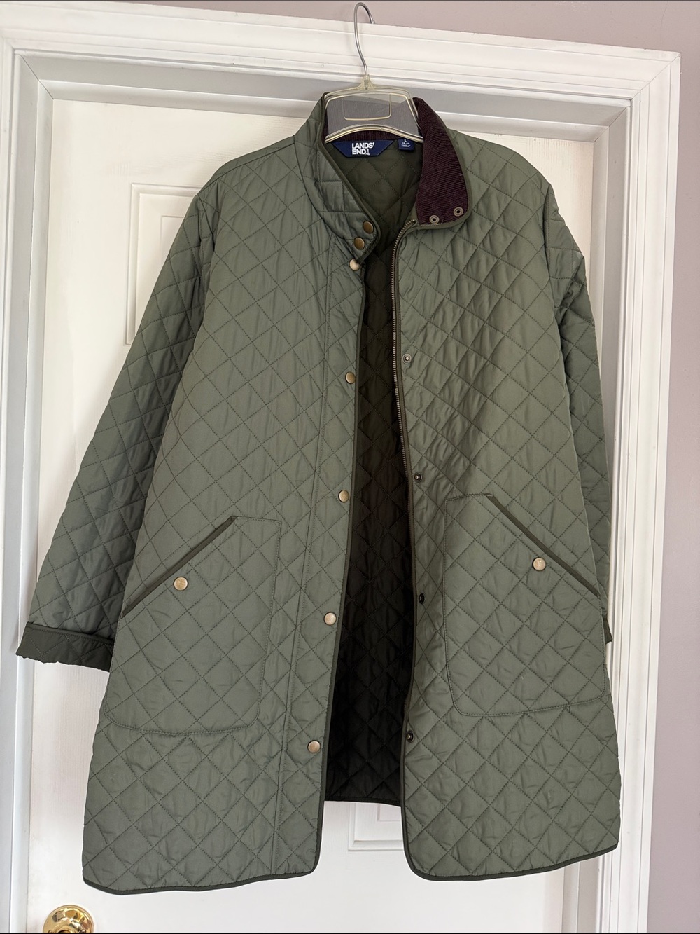 Lands' End Quilted Olive Green Jacket with Contrast Collar